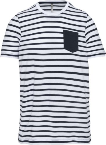 Gyermek matrózcsíkos pamut póló zsebbel, Kariban KA379, Striped White/Navy-6/8