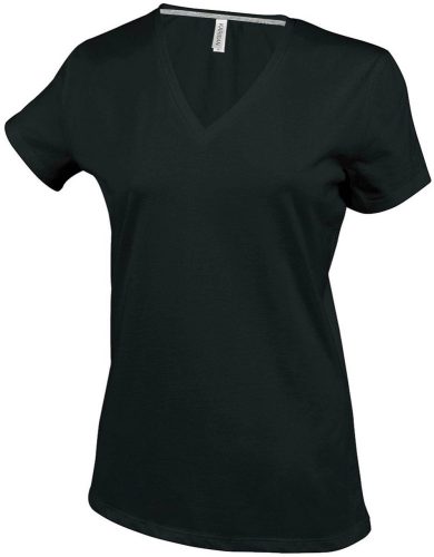 Női V-nyakú rövid ujjú pamut póló, Kariban KA381, Black-2XL