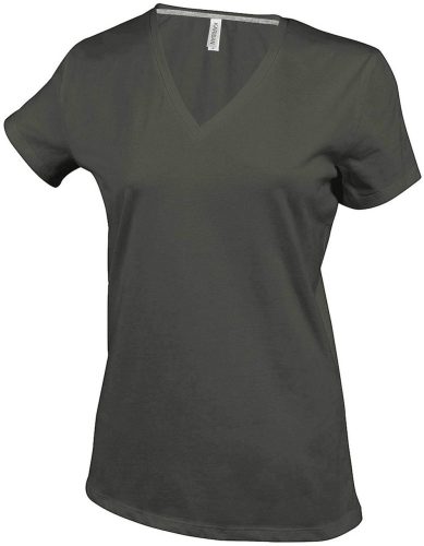 Női V-nyakú rövid ujjú pamut póló, Kariban KA381, Dark Khaki-3XL