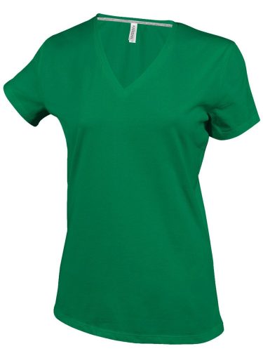 Női V-nyakú rövid ujjú pamut póló, Kariban KA381, Kelly Green-2XL