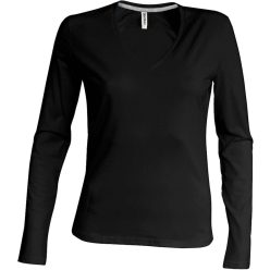   Női hosszú ujjú V-nyakú pamut póló, Kariban KA382, Black-2XL