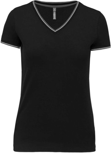 Női V-nyakú piké póló, csíkos szélekkel, Kariban KA394, Black/Light Grey/White-XS