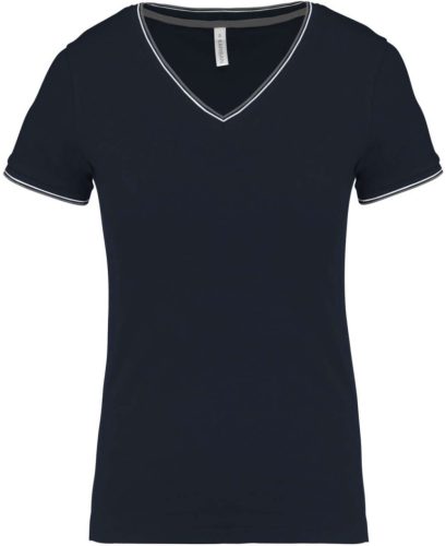 Női V-nyakú piké póló, csíkos szélekkel, Kariban KA394, Navy/Light Grey/White-L