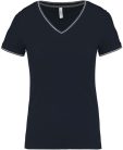 Női V-nyakú piké póló, csíkos szélekkel, Kariban KA394, Navy/Light Grey/White-XL