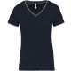 Női V-nyakú piké póló, csíkos szélekkel, Kariban KA394, Navy/Light Grey/White-XS