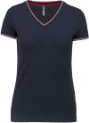 Női V-nyakú piké póló, csíkos szélekkel, Kariban KA394, Navy/Red/White-2XL