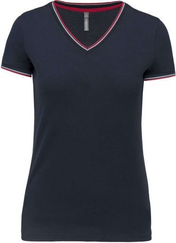 Női V-nyakú piké póló, csíkos szélekkel, Kariban KA394, Navy/Red/White-L