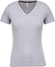 Női V-nyakú piké póló, csíkos szélekkel, Kariban KA394, Oxford Grey/Navy/White-2XL