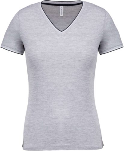 Női V-nyakú piké póló, csíkos szélekkel, Kariban KA394, Oxford Grey/Navy/White-2XL