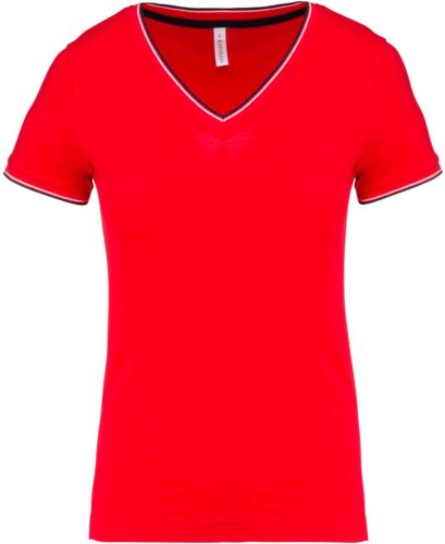 Női V-nyakú piké póló, csíkos szélekkel, Kariban KA394, Red/Navy/White-L