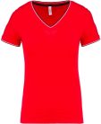 Női V-nyakú piké póló, csíkos szélekkel, Kariban KA394, Red/Navy/White-XL