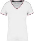 Női V-nyakú piké póló, csíkos szélekkel, Kariban KA394, White/Navy/Red-2XL