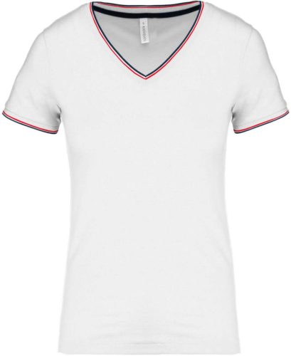 Női V-nyakú piké póló, csíkos szélekkel, Kariban KA394, White/Navy/Red-2XL