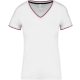 Női V-nyakú piké póló, csíkos szélekkel, Kariban KA394, White/Navy/Red-XS