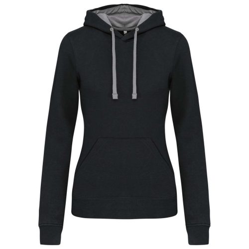 Női pulóver kontrasztos bélésű kapucnival, Kariban KA465, Black/Fine Grey-L