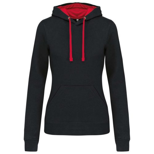 Női pulóver kontrasztos bélésű kapucnival, Kariban KA465, Black/Red-2XL