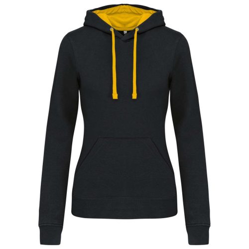 Női pulóver kontrasztos bélésű kapucnival, Kariban KA465, Black/Yellow-L