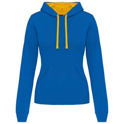 Női pulóver kontrasztos bélésű kapucnival, Kariban KA465, Light Royal Blue/Yellow-M