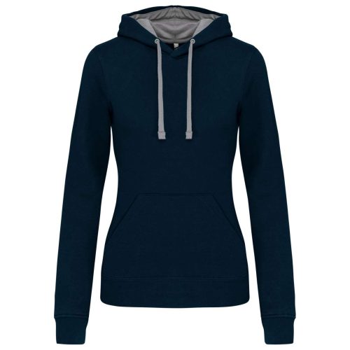 Női pulóver kontrasztos bélésű kapucnival, Kariban KA465, Navy/Fine Grey-L