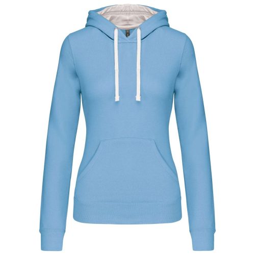 Női pulóver kontrasztos bélésű kapucnival, Kariban KA465, Sky Blue/White-XL