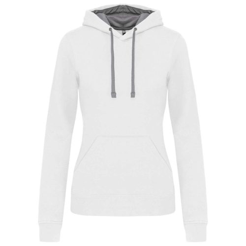 Női pulóver kontrasztos bélésű kapucnival, Kariban KA465, White/Fine Grey-L