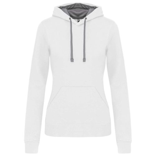 Női pulóver kontrasztos bélésű kapucnival, Kariban KA465, White/Fine Grey-XL