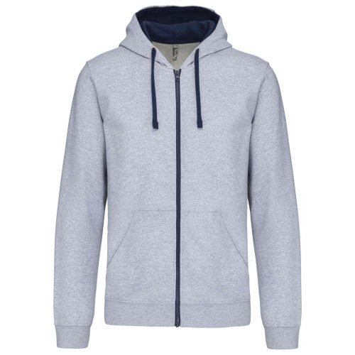 Férfi cipzáras pulóver kontrasztos bélésű kapucnival, Kariban KA466, Oxford Grey/Navy-2XL