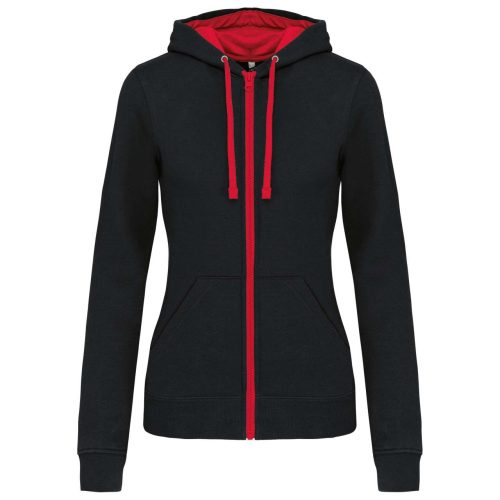 Női cipzáras pulóver kontrasztos bélésű kapucnival, Kariban KA467, Black/Red-2XL