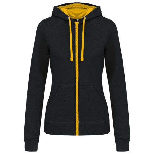 Női cipzáras pulóver kontrasztos bélésű kapucnival, Kariban KA467, Black/Yellow-2XL