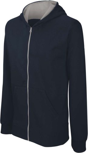 Gyermek cipzáras pulóver bélelt kontrasztos kapucnival, Kariban KA486, Navy/Fine Grey-12/14