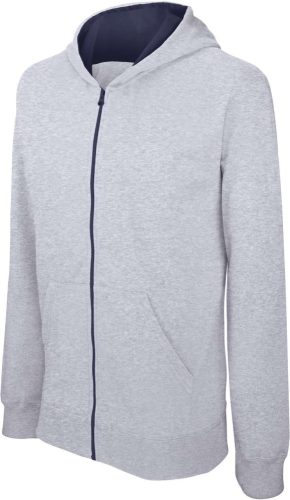 Gyermek cipzáras pulóver bélelt kontrasztos kapucnival, Kariban KA486, Oxford Grey/Navy-8/10