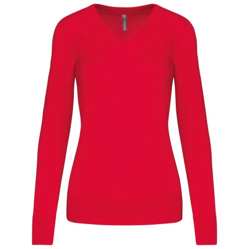 Női V-nyakú testhezálló pulóver, Kariban KA966, Red-2XL