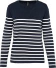 Női vállon gombolós csíkos pulóver, Kariban KA990, Striped Navy/Off White-2XL