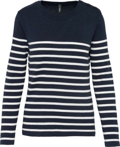 Női vállon gombolós csíkos pulóver, Kariban KA990, Striped Navy/Off White-L