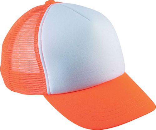 KP143 gyerek, hálós baseball sapka 5 paneles K-UP, White/Fluorescent Orange-U