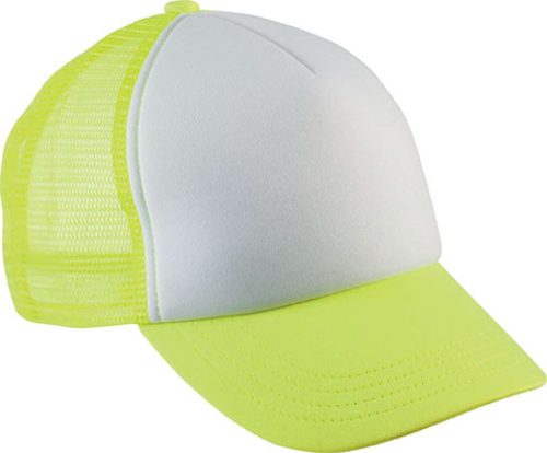 KP143 gyerek, hálós baseball sapka 5 paneles K-UP, White/Fluorescent Yellow-U