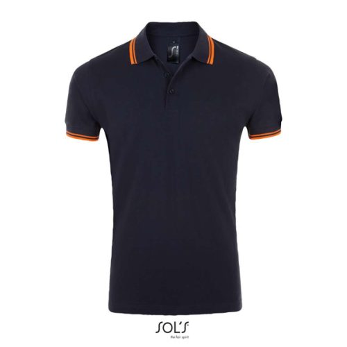 PASADENA férfi galléros póló kontrasztos csíkokkal, SOL'S SO00577, French Navy/Neon Orange-2XL