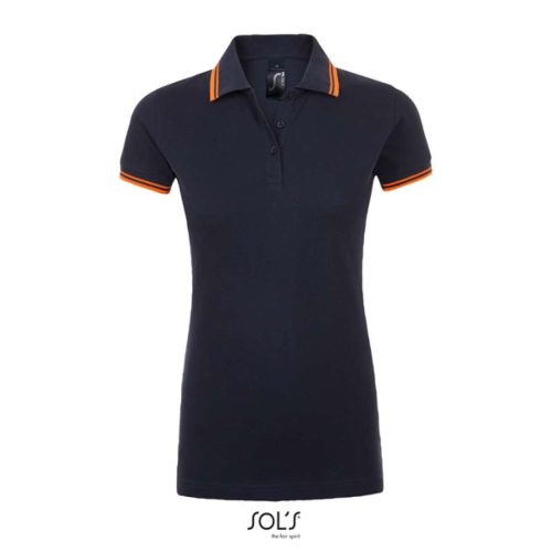 PASADENA Női galléros póló kontrasztos csíkokkal, SOL'S SO00578, French Navy/Neon Orange-2XL