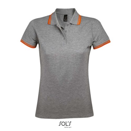 PASADENA Női galléros póló kontrasztos csíkokkal, SOL'S SO00578, Grey Melange/Orange-2XL